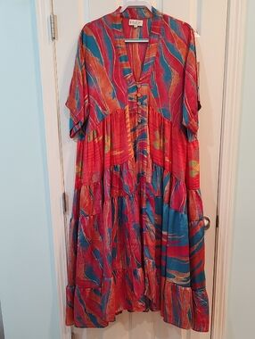Boho Tiered Maxi Dress in Red, Orange & Teal